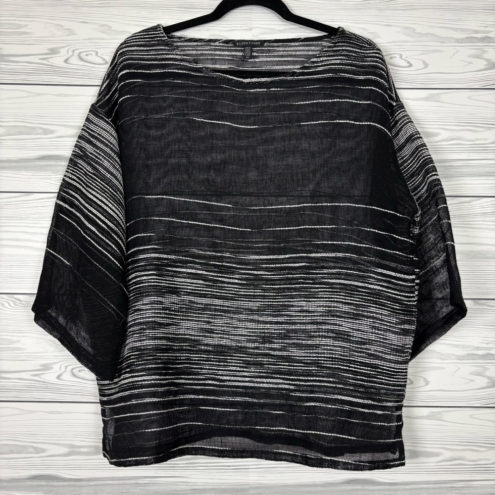 Eileen Fisher Organic Linen Blend Illusion Mesh Blouse Size Small Black - Picture 3 of 7